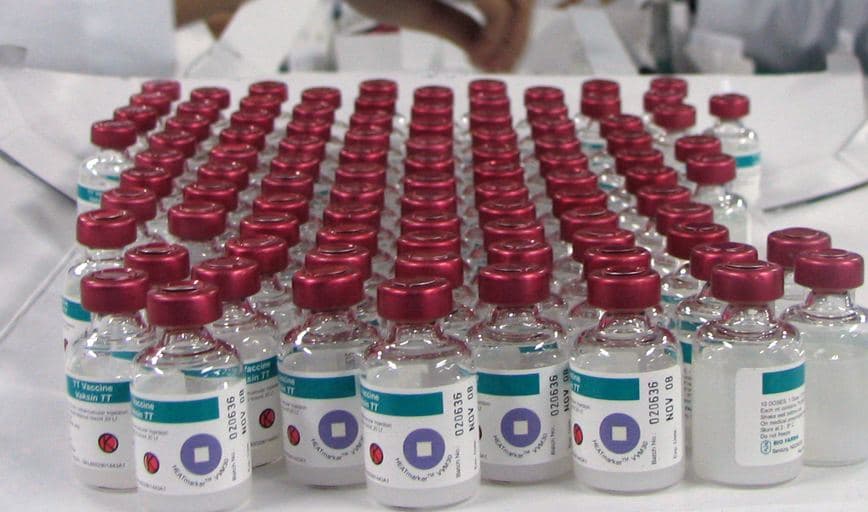 Flacons de vaccin alignés dans un laboratoire